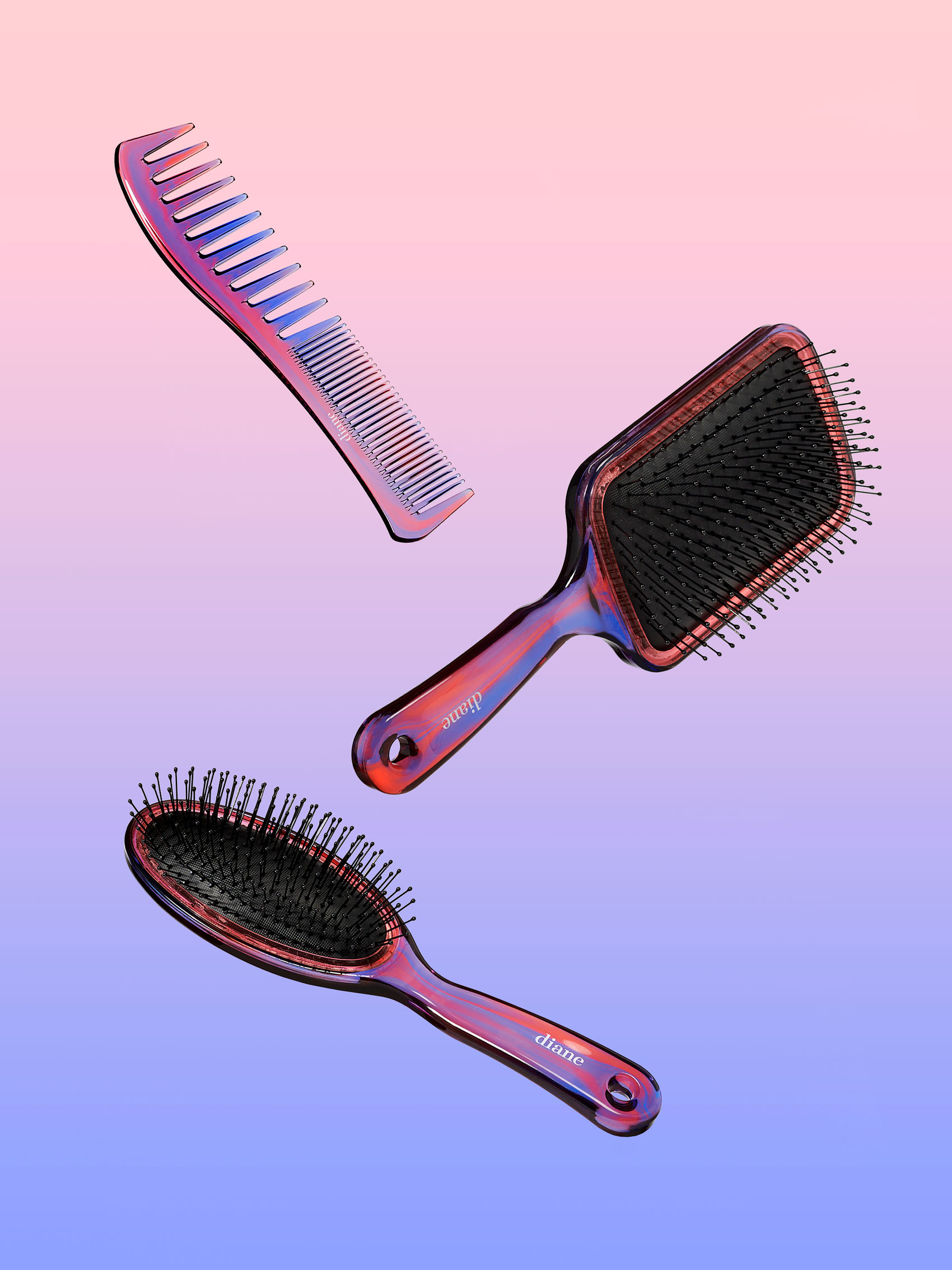 Comb and two paddle brushes suspended in air on pink and purple gradient